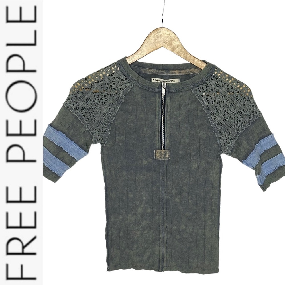 We The Free Women's Grey Quarter Zip Lace Sleeve Blouse Top Size XS